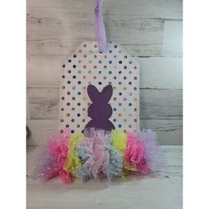 Easter Bunny Wood Tag Wall Hanging Polka Dot Tulle Ruffle Purple White 12x8
